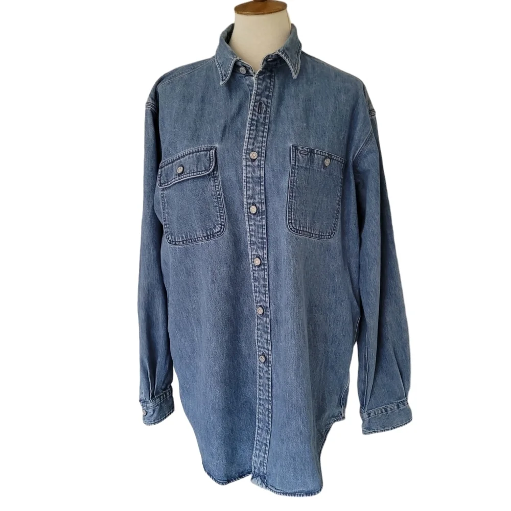 Polo Ralph Lauren 90s Mens Dungaree Workshirt‎ Medium Wash Denim Button Up